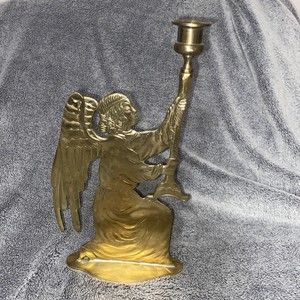 VINTAGE SOLID BRASS 9” KNEELING ANGEL CANDLE STICK HOLDER 1960s